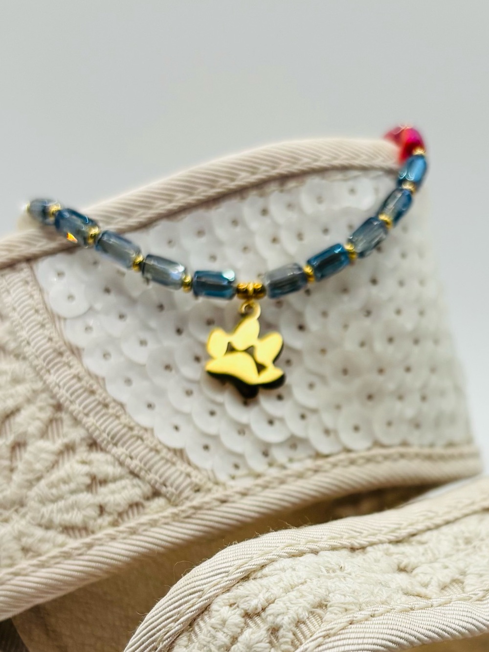 *ANKLET* S.Steel Gold Paw Print & AB Red White Blue Glass Stretchy Anklet - Picture 4 of 6